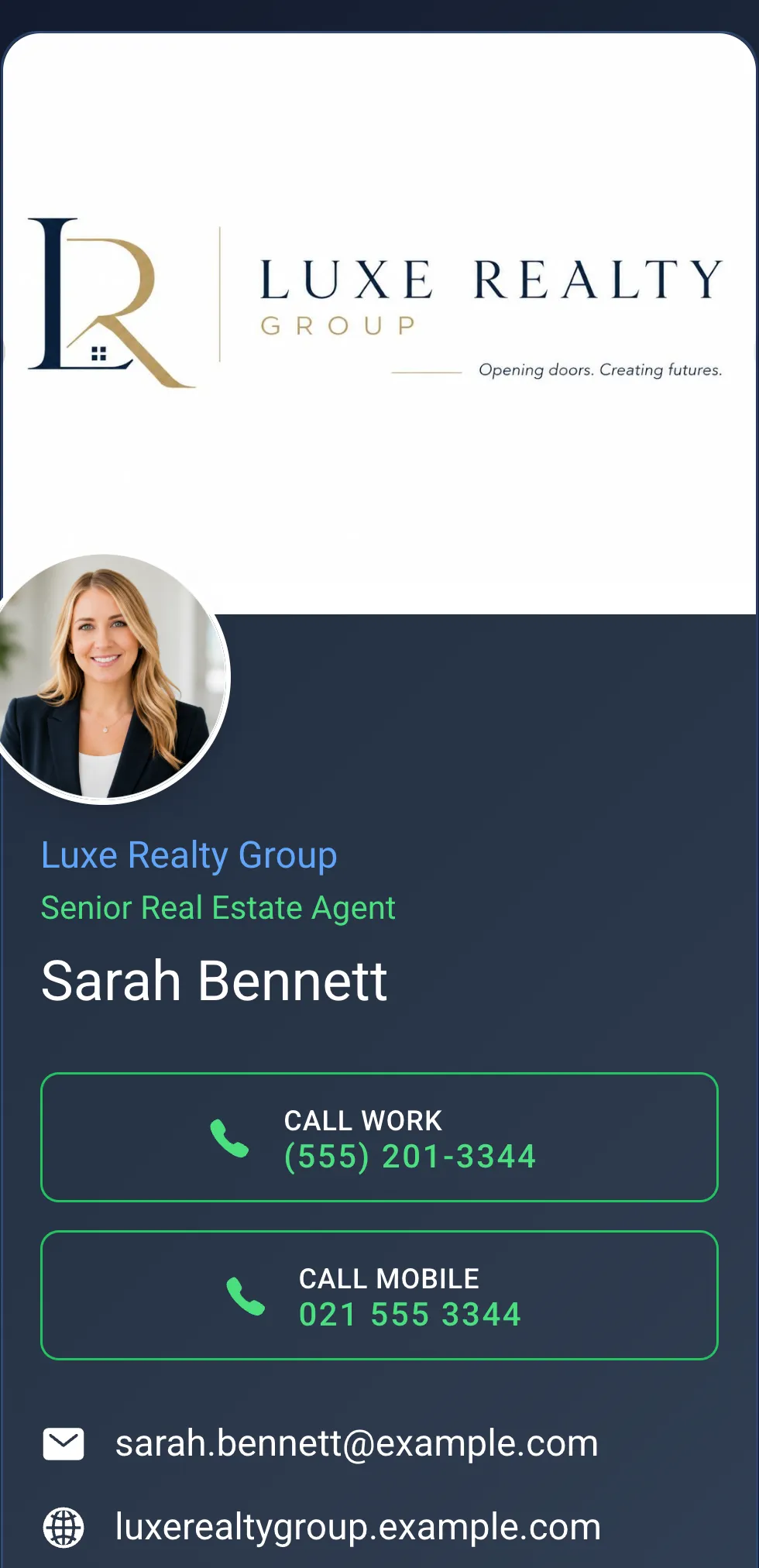 Sarah Bennett's finished DropCard business card, ready to share