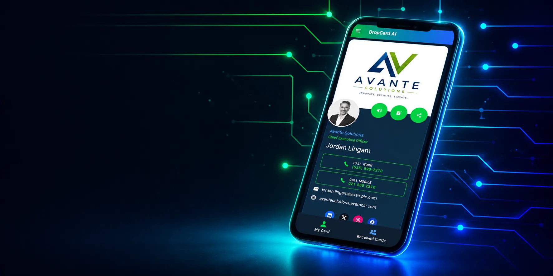 The DropCard AI app open on a phone, showing Jordan Lingam's digital business card for Avante Solutions