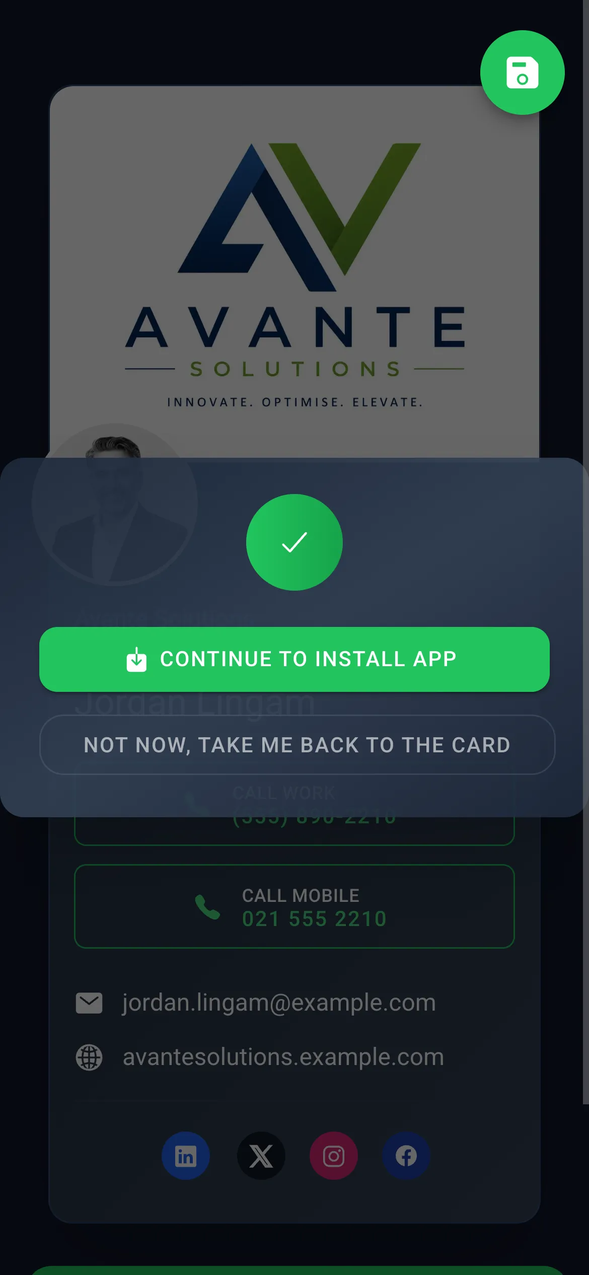 Saving a card straight to phone contacts, no account needed
