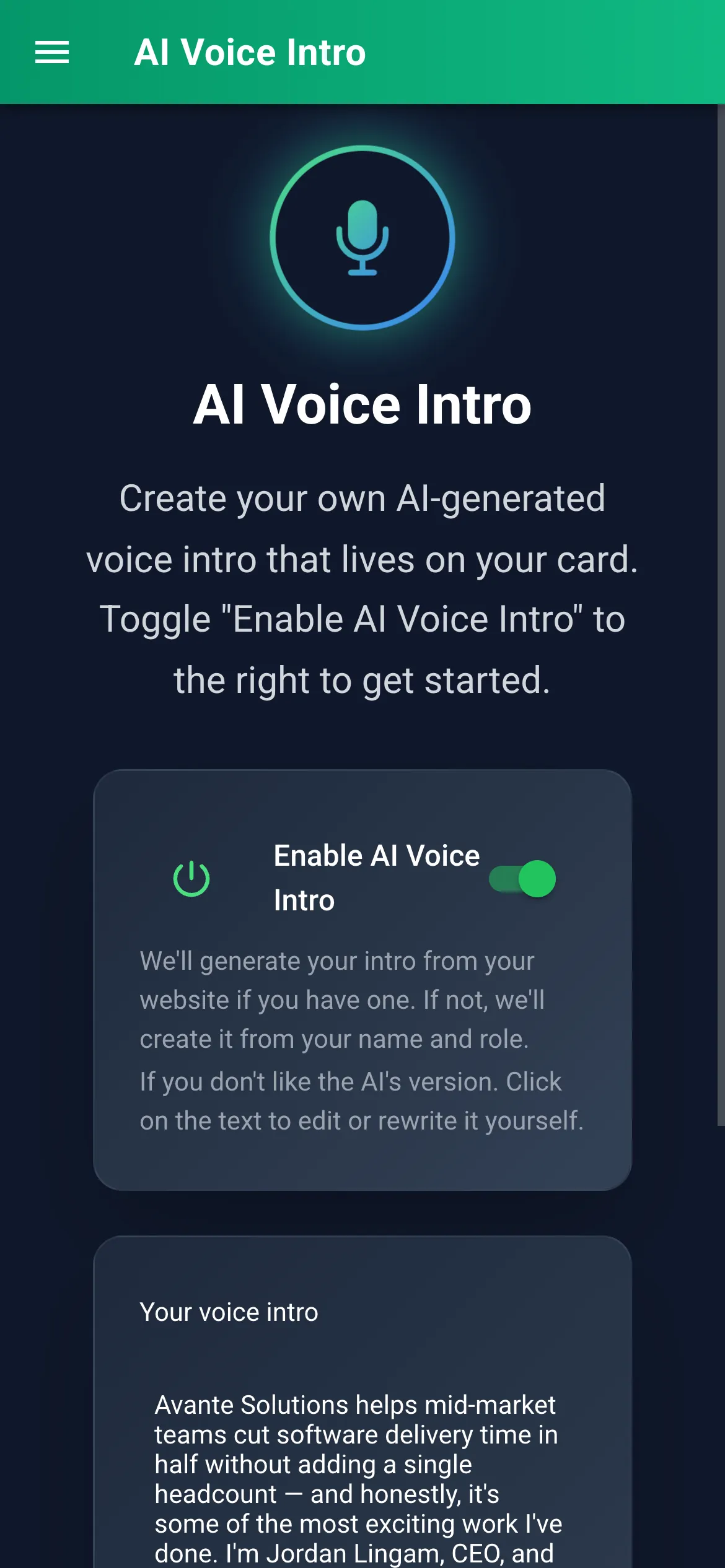 The AI Voice Intro spoken pitch, playing from a card