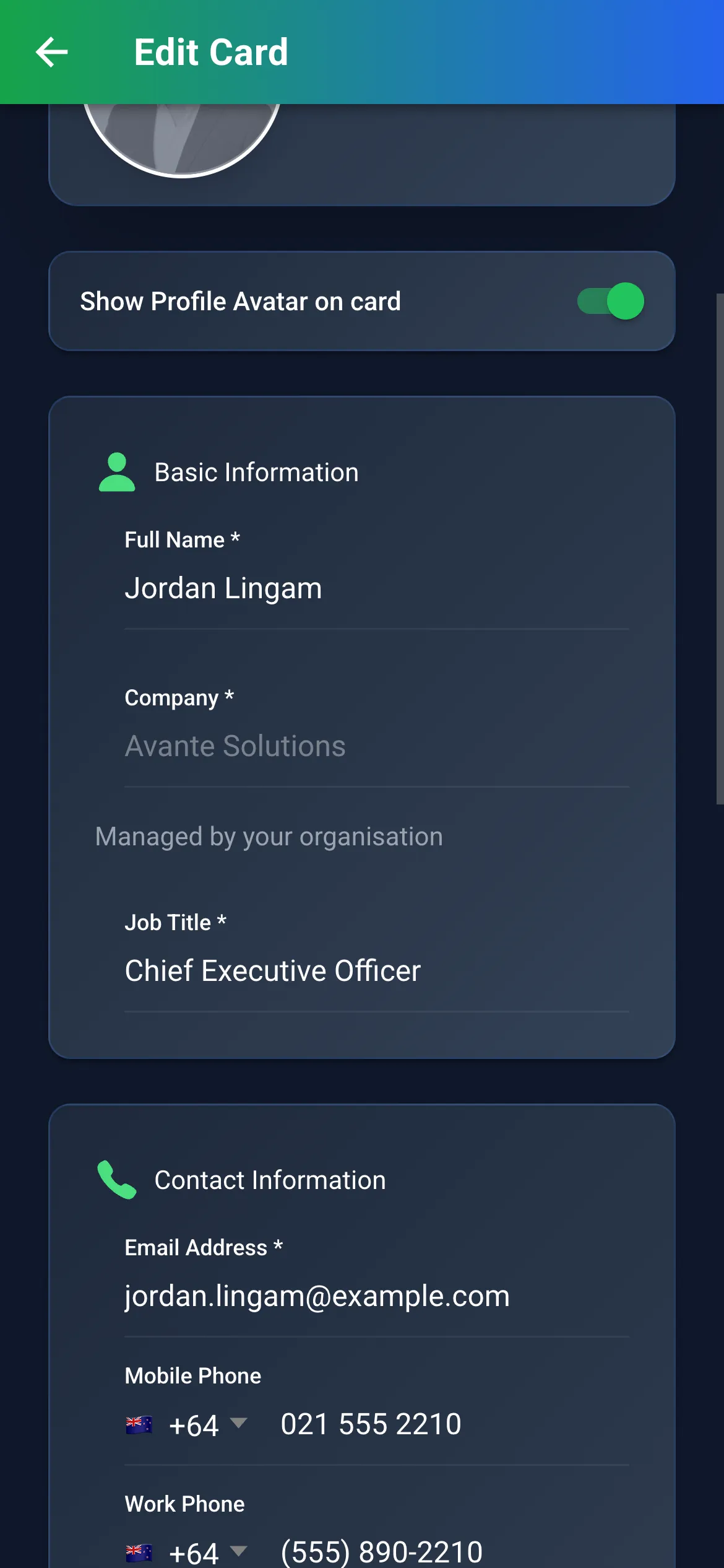 Editing a card's company details, managed by an organisation